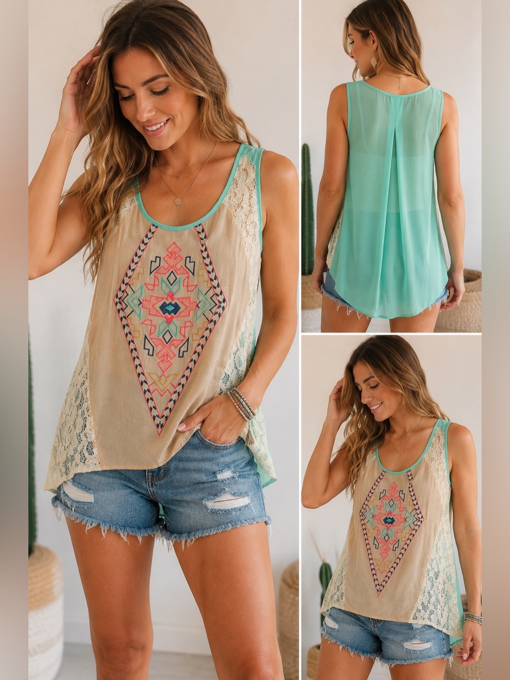 Flying Tomato Boho Embroidered Lace High Low Tank Top Size Large